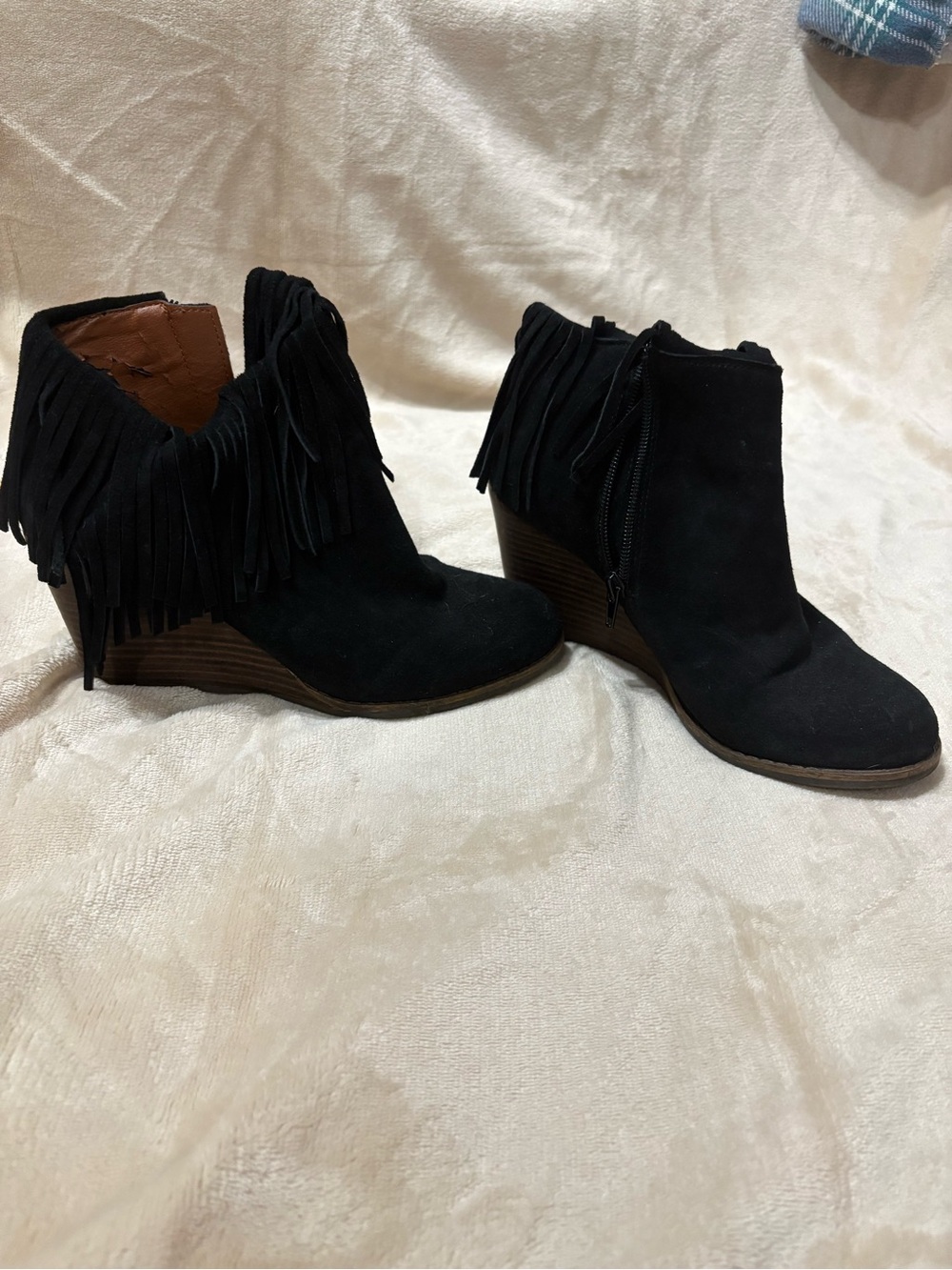 Lucky Brand Black Suede Fringe Wedge Ankle Boots